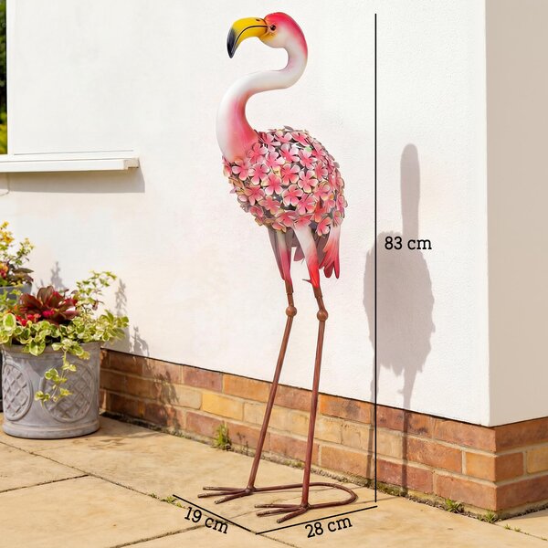 Outsunny Statua da Giardino Fenicottero, Scultura d'Uccello in Metallo con Piume Floreali, 28 x 19 x 83 cm, Rosso | Aosom Italy