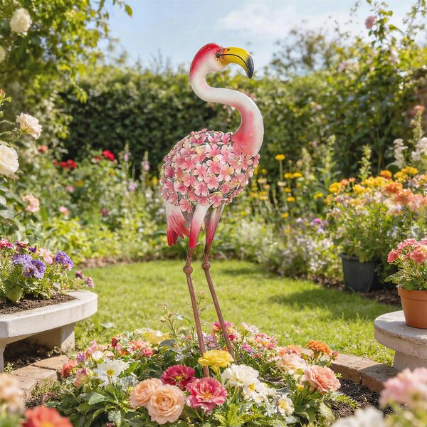 Outsunny Statua da Giardino Fenicottero, Scultura d'Uccello in Metallo con Piume Floreali, 28 x 19 x 83 cm, Rosso | Aosom Italy
