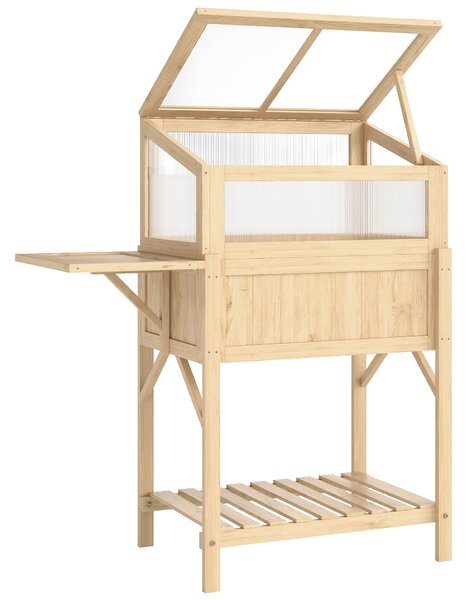 Outsunny Letto rialzato con copertura da serra in legno Cassetta con serra richiudibile Ripiano laterale Vano portaoggetti Legno naturale | Aosom Italy