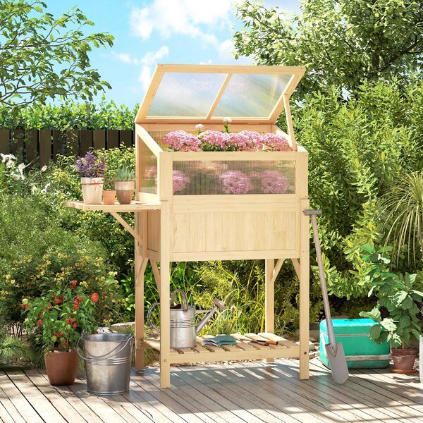 Outsunny Letto rialzato con copertura da serra in legno Cassetta con serra richiudibile Ripiano laterale Vano portaoggetti Legno naturale | Aosom Italy