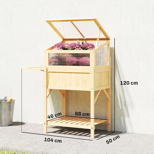 Outsunny Letto rialzato con copertura da serra in legno Cassetta con serra richiudibile Ripiano laterale Vano portaoggetti Legno naturale | Aosom Italy