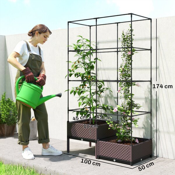 Outsunny Fioriera con Griglia Metallica per Piante Rampicanti 2 Vaschette in PP con Fori di Drenaggio 100x50x174 cm Nero | Aosom Italy