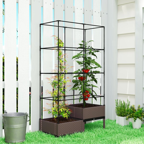 Outsunny Fioriera con Griglia Metallica per Piante Rampicanti 2 Vaschette in PP con Fori di Drenaggio 100x50x174 cm Nero | Aosom Italy