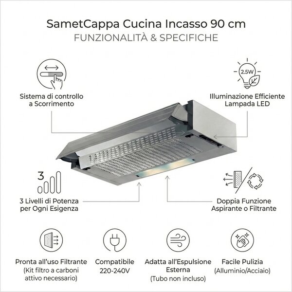 Samet Cappa Cucina Aspirante/Filtrante Incasso Larghezza 90 cm Profondit 35 cm Classe D colore Alluminio - PRF0181234