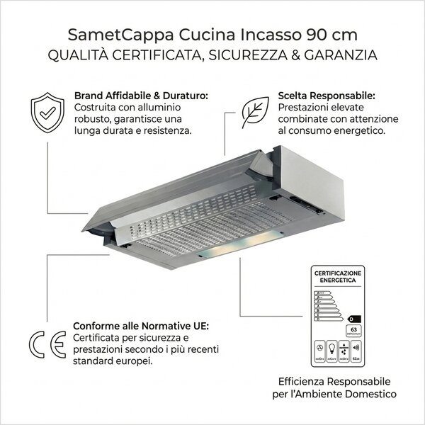 Samet Cappa Cucina Aspirante/Filtrante Incasso Larghezza 90 cm Profondit 35 cm Classe D colore Alluminio - PRF0181234