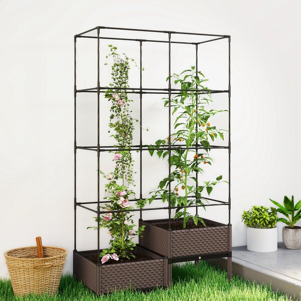 Outsunny Fioriera con Griglia Metallica per Piante Rampicanti 2 Vaschette in PP con Fori di Drenaggio 100x50x174 cm Nero | Aosom Italy