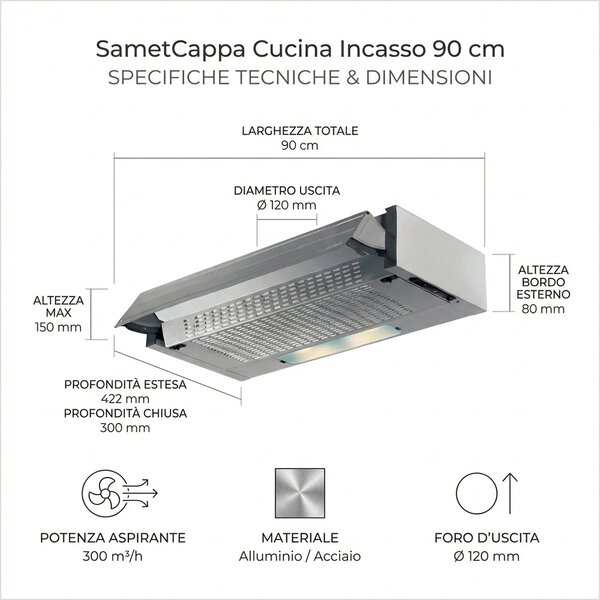 Samet Cappa Cucina Aspirante/Filtrante Incasso Larghezza 90 cm Profondit 35 cm Classe D colore Alluminio - PRF0181234