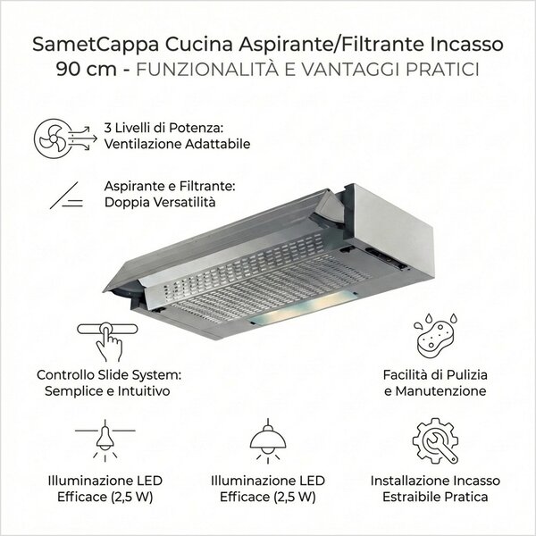 Samet Cappa Cucina Aspirante/Filtrante Incasso Larghezza 90 cm Profondit 35 cm Classe D colore Alluminio - PRF0181234