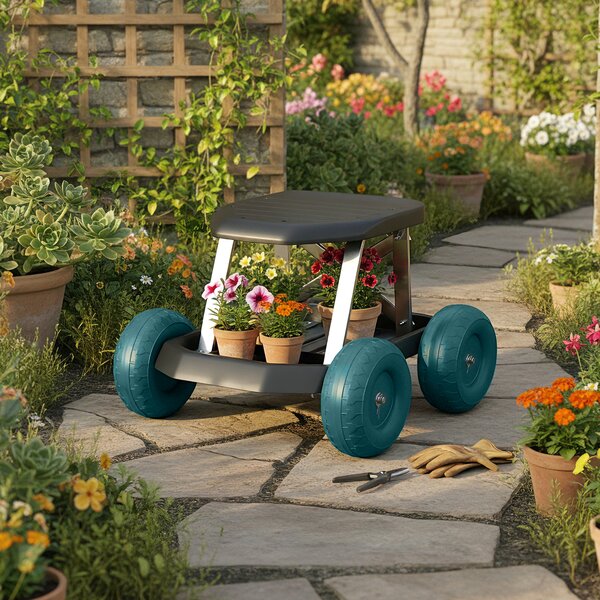 Outsunny Sedile da giardino su ruote sgabello da giardinaggio vassoio porta-attrezzi per diserbare piantare 50 x 49 x 32 cm verde scuro | Aosom Italy