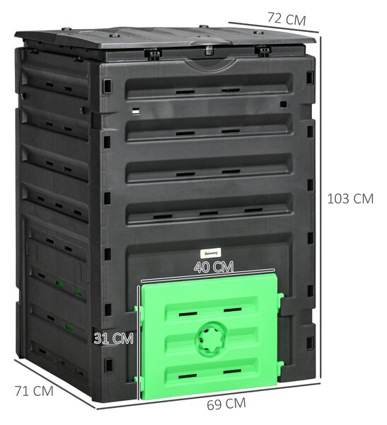 Outsunny Compostiera da giardino 450 L, contenitore per compost da giardino, 80 aperture di aerazione e 2 porte scorrevoli, 69 x 71 x 103 cm, nero | Aosom Italy