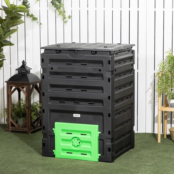 Outsunny Compostiera da giardino 450 L, contenitore per compost da giardino, 80 aperture di aerazione e 2 porte scorrevoli, 69 x 71 x 103 cm, nero | Aosom Italy