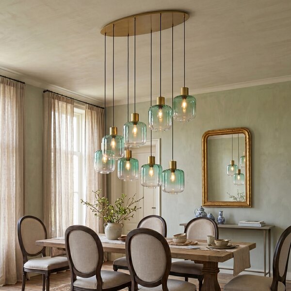 Lampada a sospensione Hotel Chic ottone con vetro blu e verde 8 luci - Qara