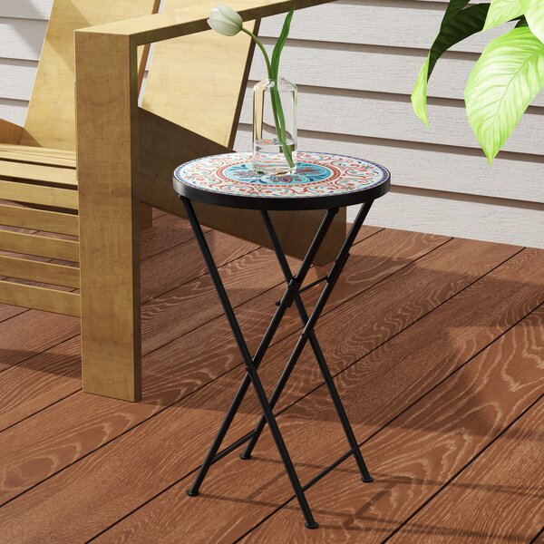 Outsunny Tavolo da giardino a mosaico, tavolino rotondo pieghevole per terrazza con telaio in metallo e piano in ceramica, motivo a mosaico, Multicolore | Aosom Italy