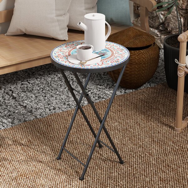 Outsunny Tavolo da giardino a mosaico, tavolino rotondo pieghevole per terrazza con telaio in metallo e piano in ceramica, motivo a mosaico, Multicolore | Aosom Italy