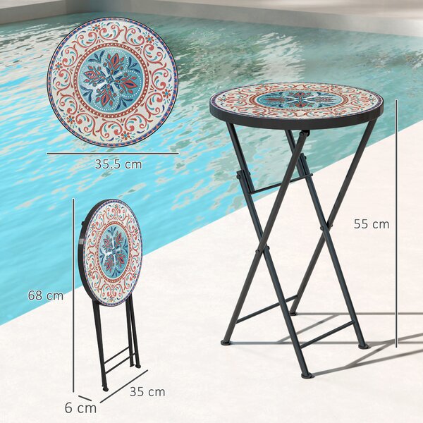 Outsunny Tavolo da giardino a mosaico, tavolino rotondo pieghevole per terrazza con telaio in metallo e piano in ceramica, motivo a mosaico, Multicolore | Aosom Italy