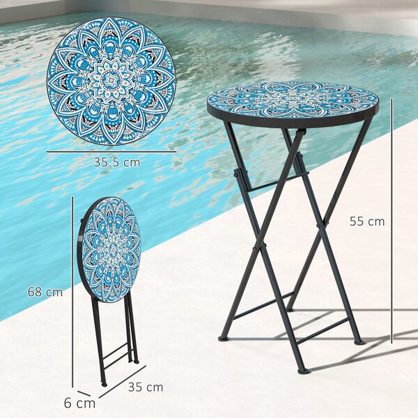Outsunny Tavolo da giardino a mosaico, tavolo rotondo pieghevole per terrazza con telaio in metallo e piano in ceramica, motivo a mosaico, Blu | Aosom Italy