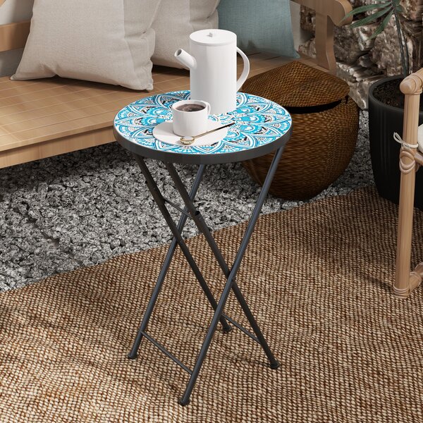 Outsunny Tavolo da giardino a mosaico, tavolo rotondo pieghevole per terrazza con telaio in metallo e piano in ceramica, motivo a mosaico, Blu | Aosom Italy