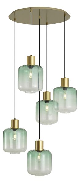 Lampada a sospensione Hotel Chic ottone con vetro blu e verde 5 luci - Qara