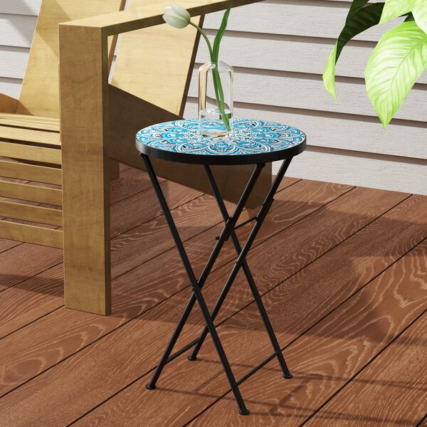 Outsunny Tavolo da giardino a mosaico, tavolo rotondo pieghevole per terrazza con telaio in metallo e piano in ceramica, motivo a mosaico, Blu | Aosom Italy