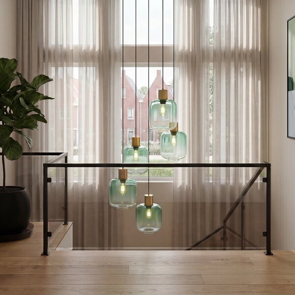 Lampada a sospensione Hotel Chic ottone con vetro blu e verde 5 luci - Qara