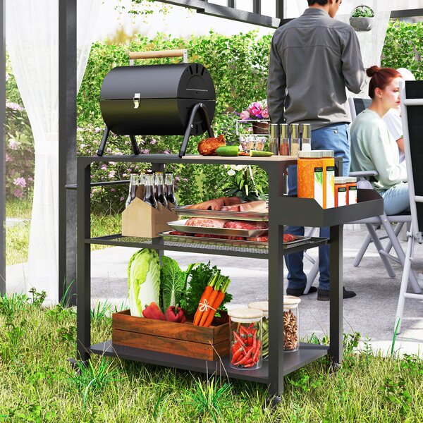 Outsunny Isola cucina da esterno, carrello barbecue con ripiano portaoggetti, maniglia, 4 ruote, carrello da cucina, terrazza, giardino, metallo, nero | Aosom Italy