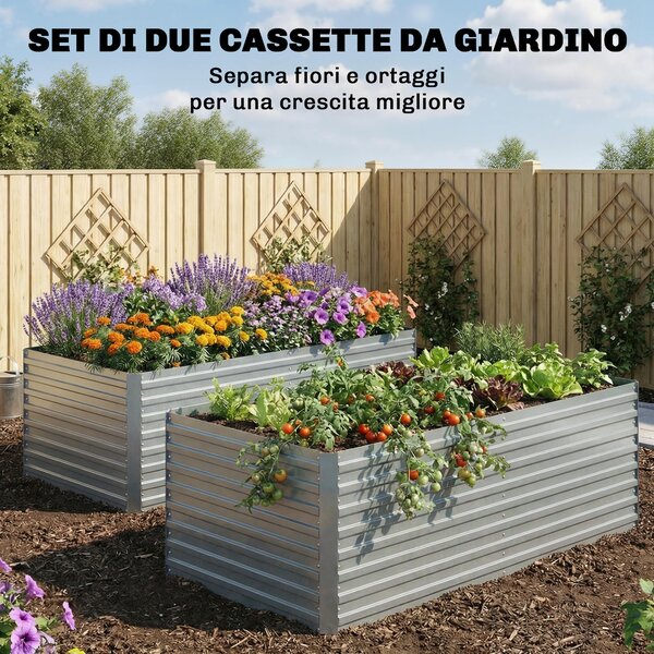 Outsunny Set di 2 Aiuole Rialzate in Metallo Galvanizzato con Bordo Sicuro, Fioriera Elevata per Verdure, Argento | Aosom Italy
