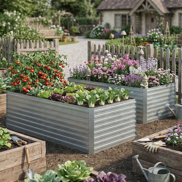 Outsunny Set di 2 Aiuole Rialzate in Metallo Galvanizzato con Bordo Sicuro, Fioriera Elevata per Verdure, Argento | Aosom Italy