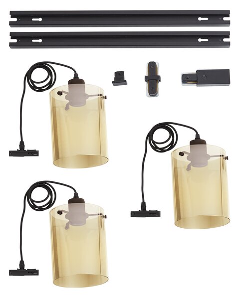 Sistema di illuminazione a binario moderno nero con 3 lampade a sospensione in vetro ambrato monofase - Iconic Dome
