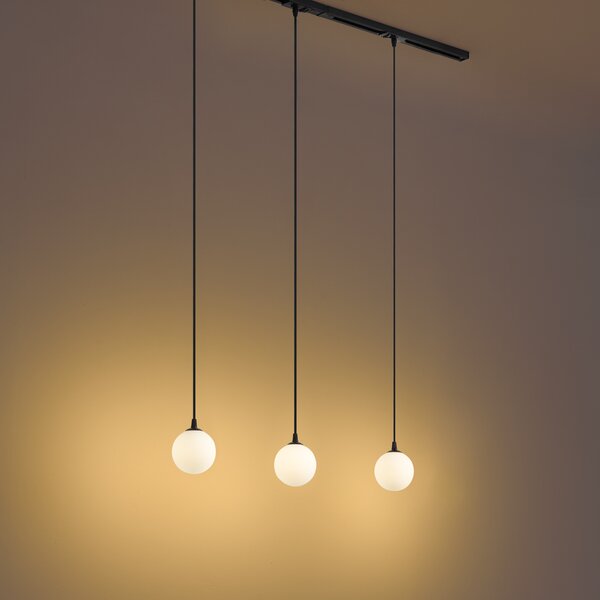 Sistema di illuminazione a binario moderno nero con 3 luci a sospensione bianche monofase - Iconic Perle