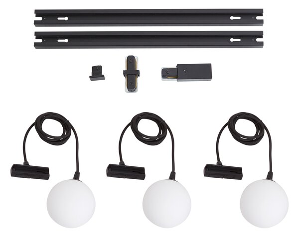 Sistema di illuminazione a binario moderno nero con 3 luci a sospensione bianche monofase - Iconic Perle