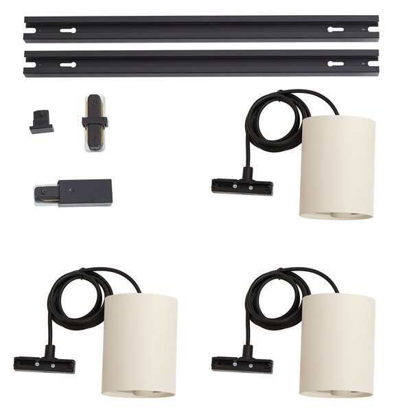 Sistema di illuminazione a binario moderno con 3 lampade a sospensione nere e beige monofase - Iconic Holt