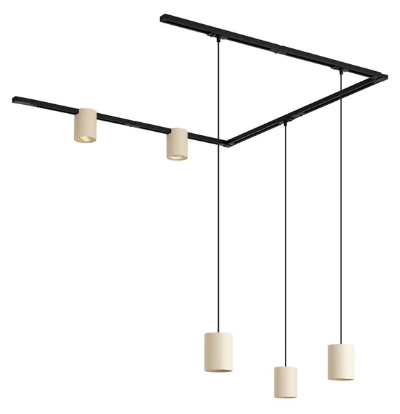 Sistema di illuminazione a binario moderno nero con 3 luci a sospensione e 2 faretti beige monofase - Iconic Holt Rondoo Up