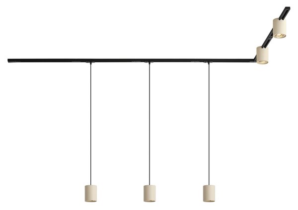 Sistema di illuminazione a binario moderno nero con 3 luci a sospensione e 2 faretti beige monofase - Iconic Holt Rondoo Up