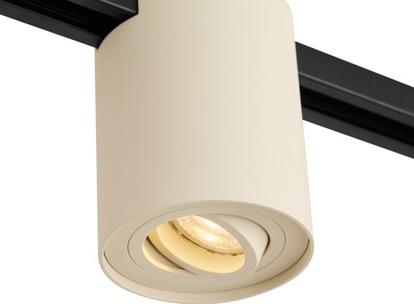 Sistema di illuminazione a binario moderno nero con 3 luci a sospensione e 2 faretti beige monofase - Iconic Holt Rondoo Up