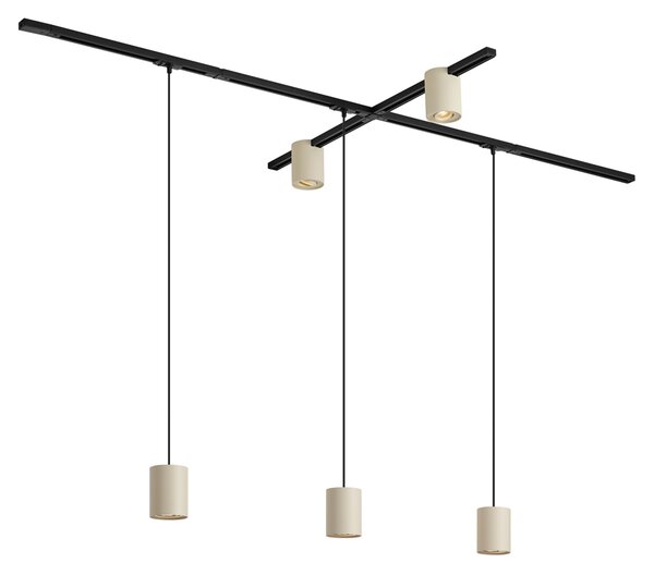 Sistema di illuminazione a binario moderno nero con 3 luci a sospensione e 2 faretti beige monofase - Iconic Holt Rondoo Up