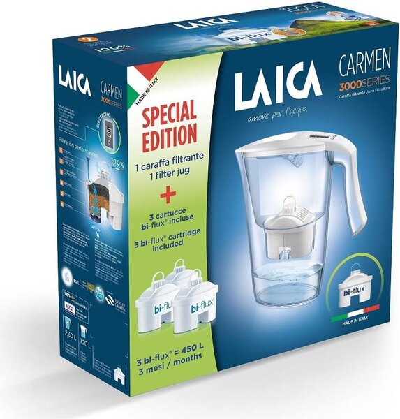 LAICA Caraffa Filtrante Capacit 2,3 Litri con 3 Filtri Bi Flux colore White e Clear serie 3000 - J9082