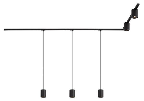 Sistema di illuminazione a binario moderno nero con 3 luci a sospensione e 2 faretti monofase - Iconic Holt Rondoo Up