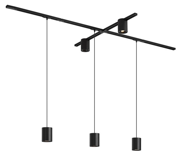 Sistema di illuminazione a binario moderno nero con 3 luci a sospensione e 2 faretti monofase - Iconic Holt Rondoo Up