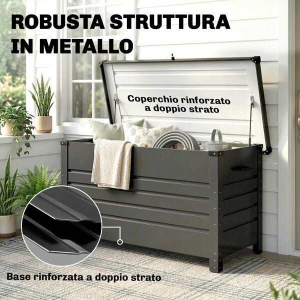 Outsunny Cassa 350L, Box Metallo con Coperchio Bloccabile, Ruote, Maniglie Laterali, Grigio | Aosom Italy