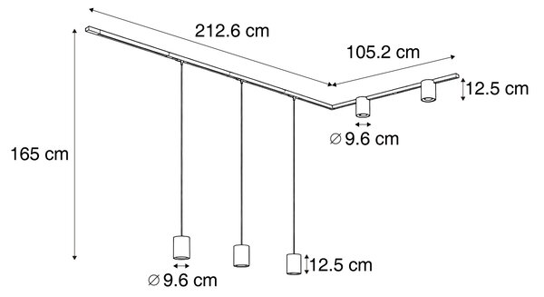 Sistema di illuminazione a binario moderno nero con 3 luci a sospensione e 2 faretti monofase - Iconic Holt Rondoo Up