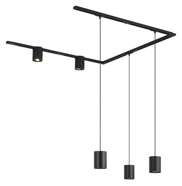 Sistema di illuminazione a binario moderno nero con 3 luci a sospensione e 2 faretti monofase - Iconic Holt Rondoo Up