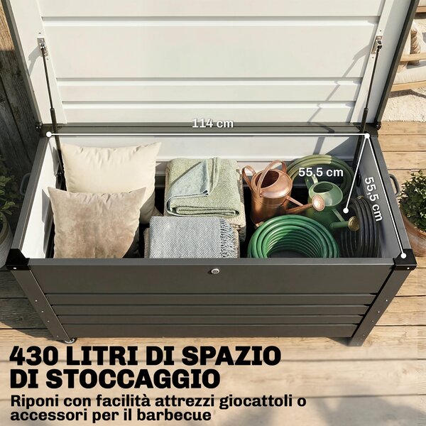 Outsunny Cassa 350L, Box Metallo con Coperchio Bloccabile, Ruote, Maniglie Laterali, Grigio | Aosom Italy