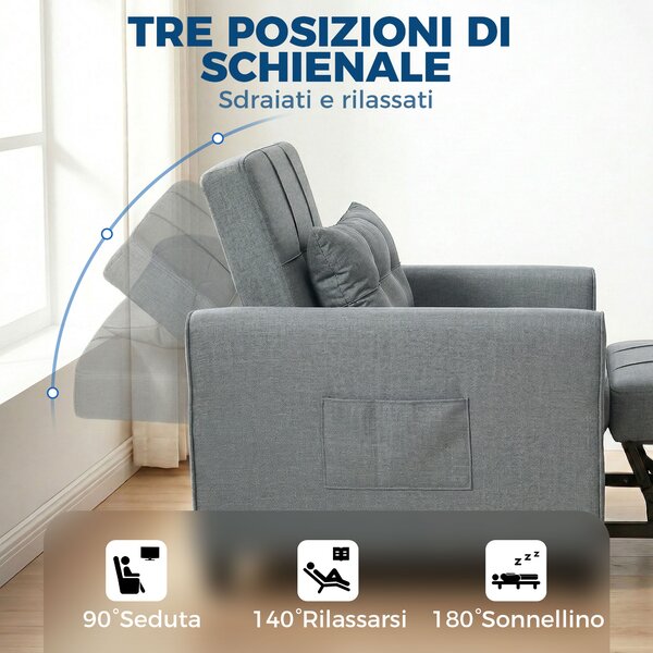 HOMCOM Divano Letto Pieghevole Convertibile con Schienale Regolabile e Cuscino, Grigio | Aosom Italy