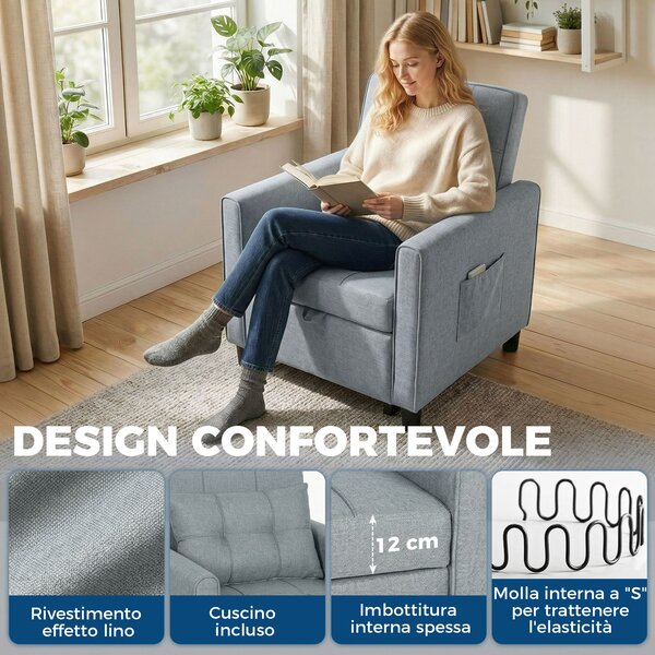 HOMCOM Divano Letto Pieghevole Convertibile con Schienale Regolabile e Cuscino, Grigio | Aosom Italy