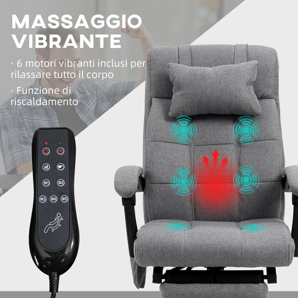 Vinsetto Sedia da Ufficio Reclinabile e Riscaldante con 6 Punti Massaggio e 5 Modalità, Grigio|Aosom