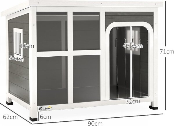 AllMyPets Casetta per Cani con Finestrelle e Ingresso a Tenda in Legno di Abete 90x62x71 cm colore Grigio Chiaro - U6110LG