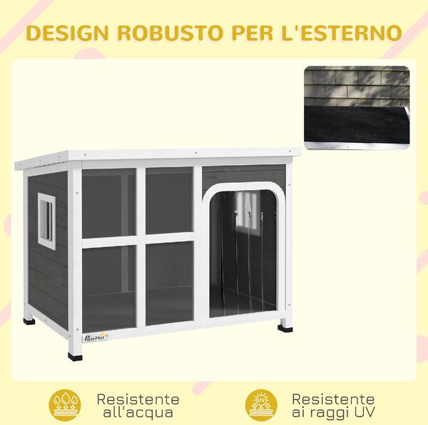 AllMyPets Casetta per Cani con Finestrelle e Ingresso a Tenda in Legno di Abete 90x62x71 cm colore Grigio Chiaro - U6110LG