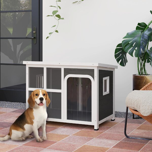 AllMyPets Casetta per Cani con Finestrelle e Ingresso a Tenda in Legno di Abete 90x62x71 cm colore Grigio Chiaro - U6110LG