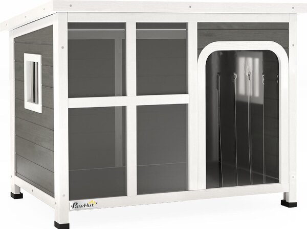 AllMyPets Casetta per Cani con Finestrelle e Ingresso a Tenda in Legno di Abete 90x62x71 cm colore Grigio Chiaro - U6110LG