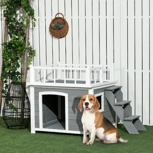 AllMyPets Casetta per Cani con Terrazza Scaletta e Finestra 121x77x78cm Grigio chiaro